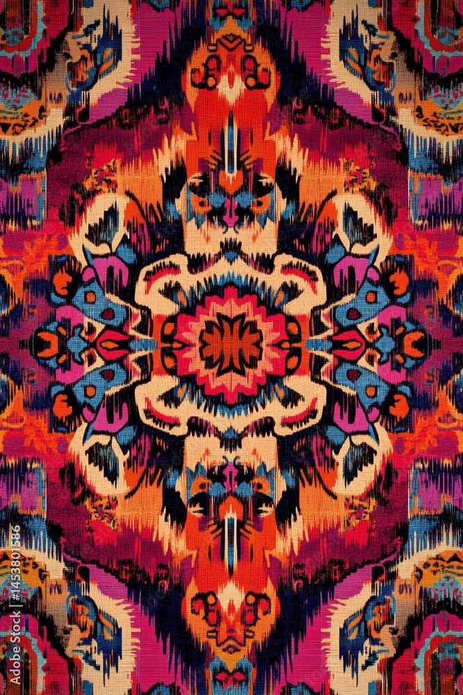 Vivid and ornate design featuring symmetrical patterns, floral elements, and a range of vibrant colors that create a psychedelic effect.
