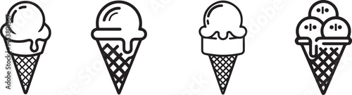 Black and white vector template featuring various ice cream illustrations including cones scoops and popsicles in a clean modern and graphic dessert themed layout
