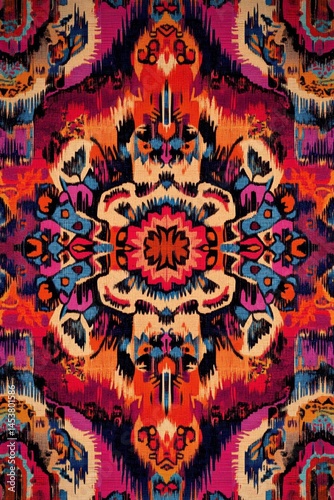 Obraz na płótnie Vivid and ornate design featuring symmetrical patterns, floral elements, and a range of vibrant colors that create a psychedelic effect. w salonie