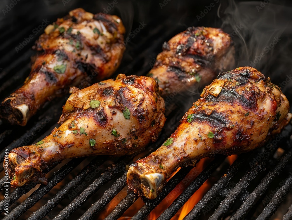 Three pieces of grilled chicken with aromatic seasoning, served on skewers over a barbecue grill.