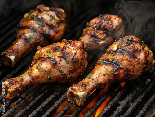 Obraz na płótnie Three pieces of grilled chicken with aromatic seasoning, served on skewers over a barbecue grill. w salonie