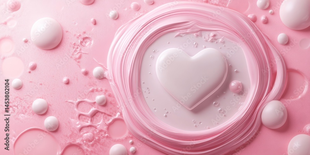Water droplets with pink hearts on a light gray surface.
