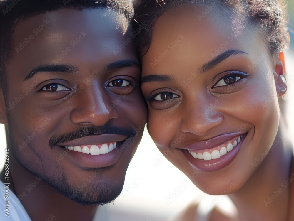 Couple smiling and embracing, showing happiness and love for each other.