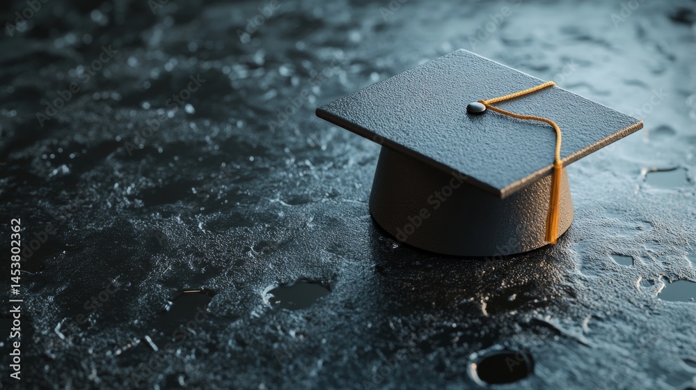 A damp, icy cold graduation cap on a wet floor, signifying the cold weather conditions at a commencement ceremony.