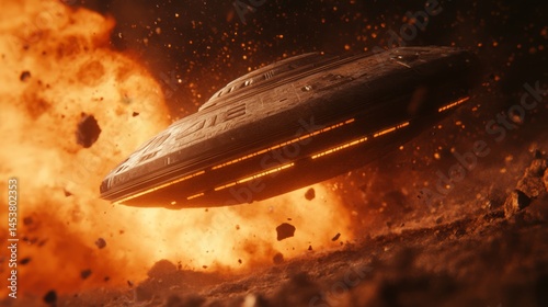 Fototapeta Naklejka Na Ścianę i Meble -  A spaceship escapes an explosion from a planet's surface.