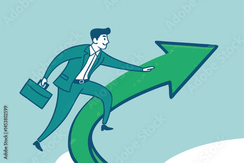 Business Growth Concept Businessman Riding Upward Arrow Financial Success Vector Illustration