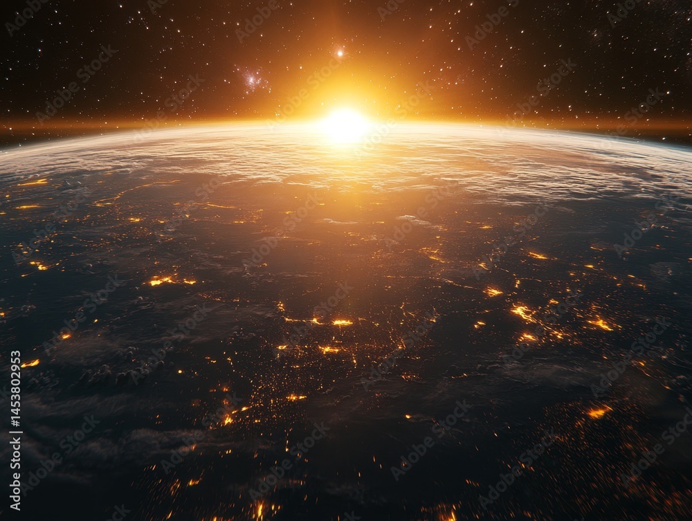 An image of the Earth as seen from space during sunset, with city lights glowing brightly against the dark sky.