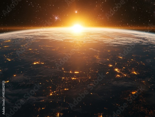 Obraz na płótnie An image of the Earth as seen from space during sunset, with city lights glowing brightly against the dark sky. w salonie