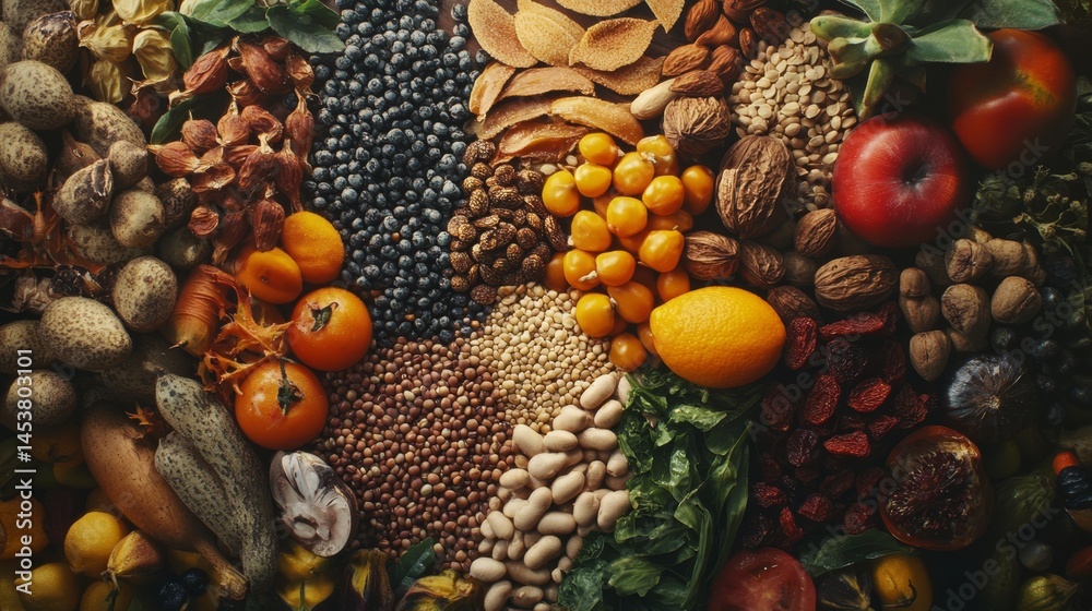A pile of various foods including fruits, vegetables, grains, seeds, and nuts.