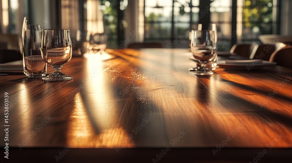 A well-lit conference room with a large wooden table set for meetings, featuring place settings and natural light filtering through windows or glass panels.