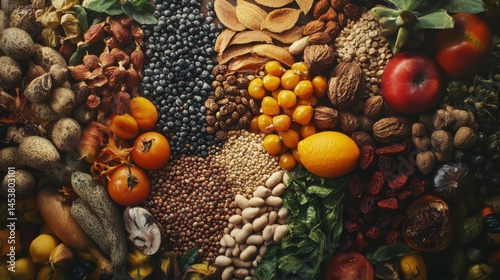 Obraz na płótnie A pile of various foods including fruits, vegetables, grains, seeds, and nuts. w salonie