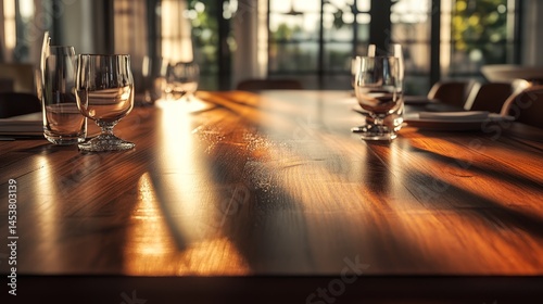 Obraz na płótnie A well-lit conference room with a large wooden table set for meetings, featuring place settings and natural light filtering through windows or glass panels. w salonie