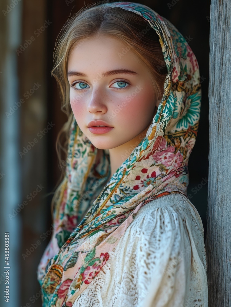 Fashion model showcasing textile accessory.