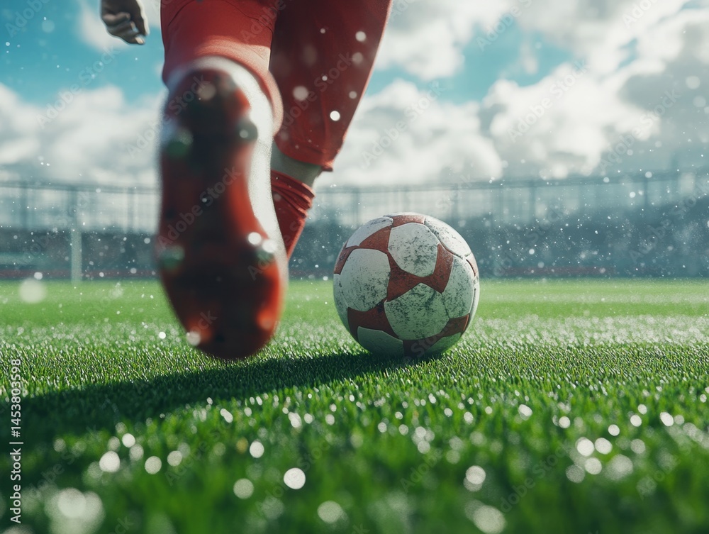 Soccer player in action running towards the ball on a wet field.