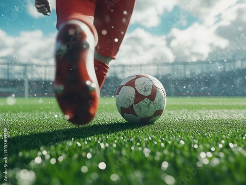 Obraz na płótnie Soccer player in action running towards the ball on a wet field. w salonie