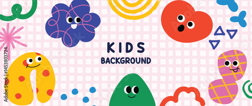 Kids and children background vector. Fun Childish hand drawn doodle design. Playful cartoon design for packaging design, wallpaper and print.