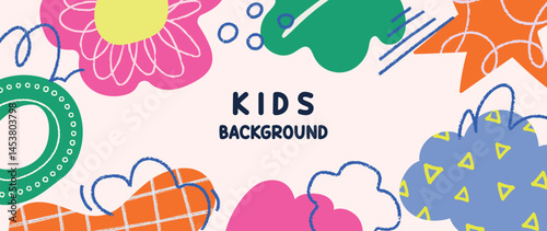 Kids and children background vector. Fun Childish hand drawn doodle design. Playful cartoon design for packaging design, wallpaper and print.