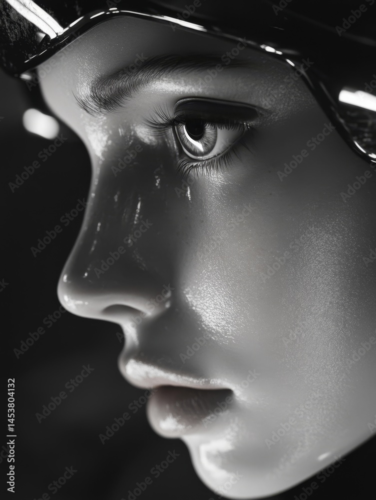 A lifeless face with tear droplets, evoking a sense of artificiality and emotion