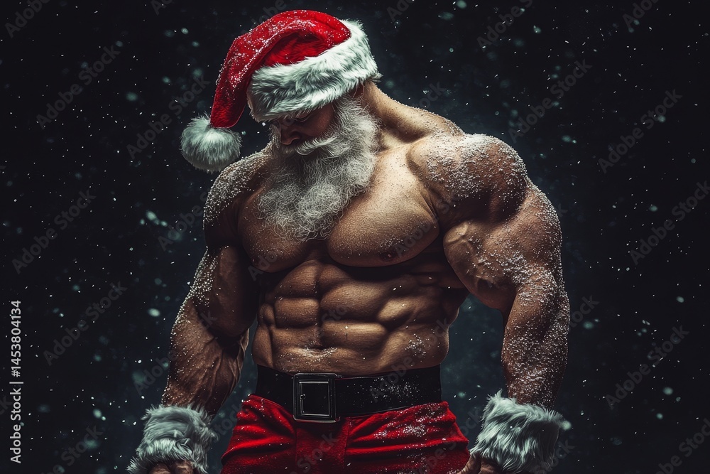 A bodybuilder in a Santa Claus costume, showcasing his muscular physique during the holiday season.
