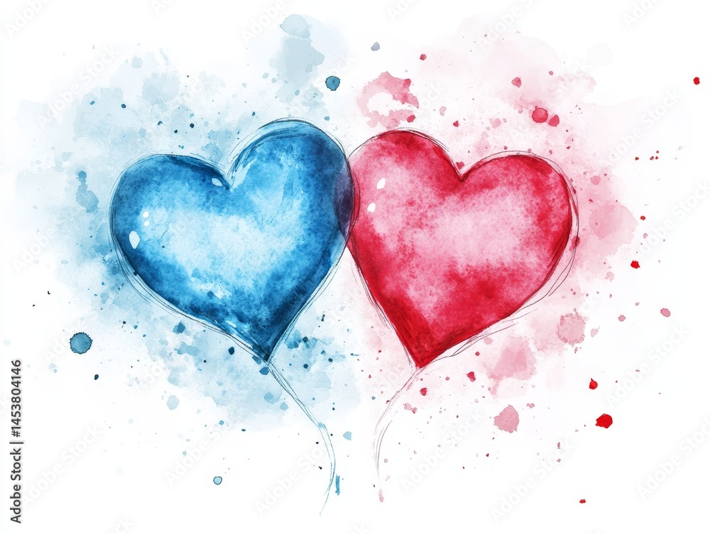 Two hearts are floating in the air, one blue and one red. The blue heart is larger than the red one