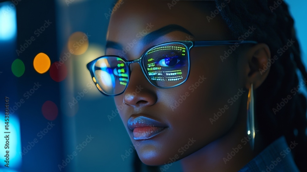 A focused and confident young woman with high-tech glasses, engaged in technology. She is looking at a digital display, possibly working on data analysis or software development.