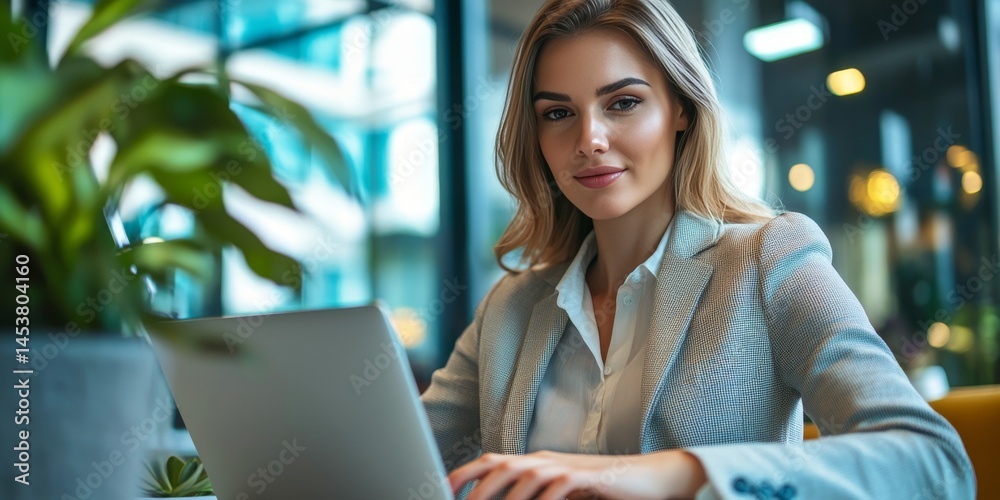 Professional woman in suit working at desk with computer