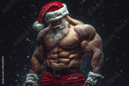 Obraz na płótnie A bodybuilder in a Santa Claus costume, showcasing his muscular physique during the holiday season. w salonie
