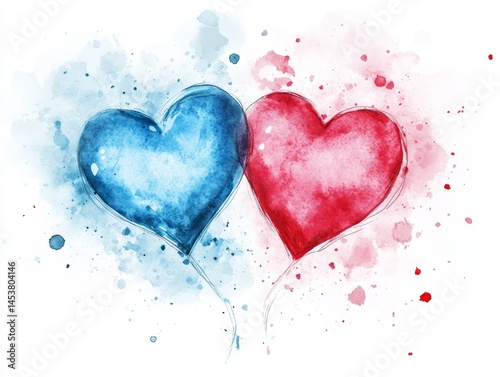 Obraz na płótnie Two hearts are floating in the air, one blue and one red. The blue heart is larger than the red one w salonie