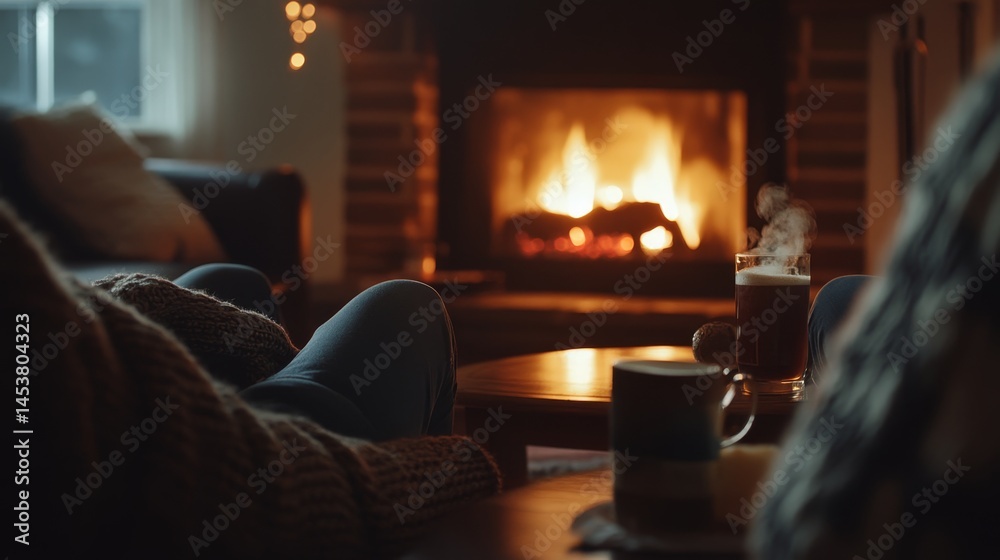 A person relaxing on a couch near a fireplace with warm light, snuggling under blankets.