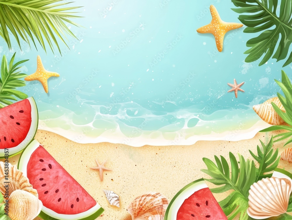 A vibrant tropical beach scene featuring a sandy shore, palm trees, starfish and watermelon, evoking feelings of relaxation and summer enjoyment.