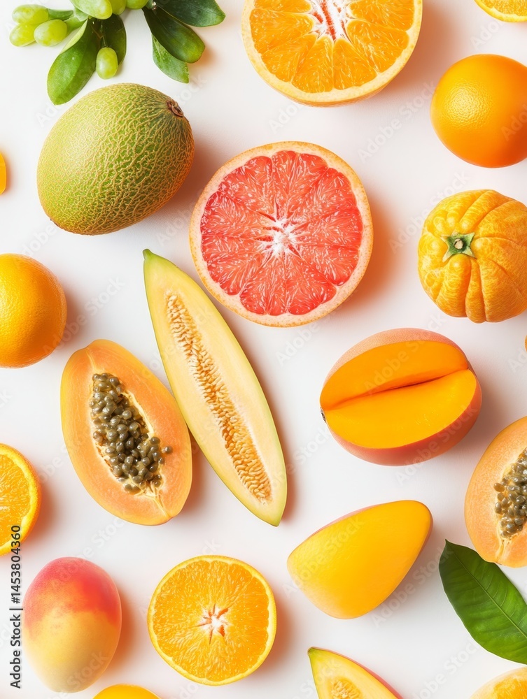 A colorful assortment of fruits including oranges, grapefruit, and melons. Concept of abundance and freshness