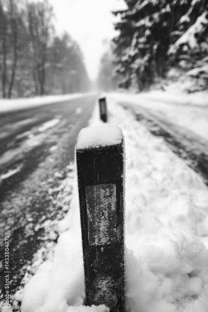 A snow-covered road with a post sticking out from the snow, indicating road closure or hazard. A winter scene that suggests travel advisories and cold weather warnings.