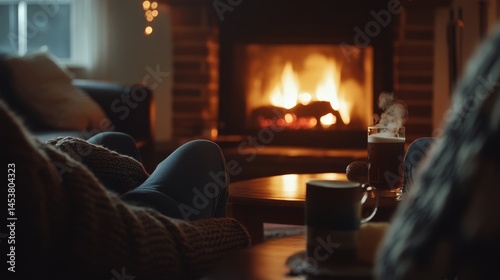 Obraz na płótnie A person relaxing on a couch near a fireplace with warm light, snuggling under blankets. w salonie
