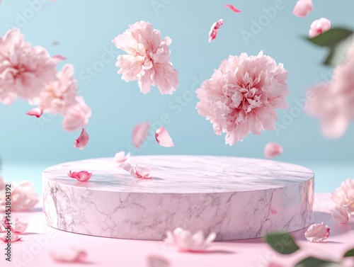 Obraz na płótnie A round marble pedestal with pink flowers and pink petals scattered around it. The flowers are in the air, giving the impression of them floating. The scene is serene and peaceful w salonie