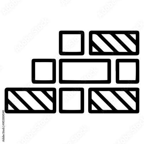 Brick wall (outline style). An arrangement of rectangular shapes, some with diagonal lines, symbolizes a brick wall, construction, or building materials. Represents a structure made of bricks
