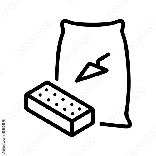 Construction materials (outline style). A brick, a trowel, and a bag symbolize construction, masonry, or building supplies. Represents materials and tools used in bricklaying and construction projects