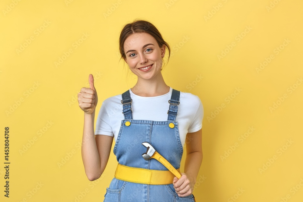 A woman in a blue jumpsuit is holding a wrench and giving a thumbs up. Concept of approval and satisfaction, possibly indicating that the woman is proud of her work or happy with the outcome of a task
