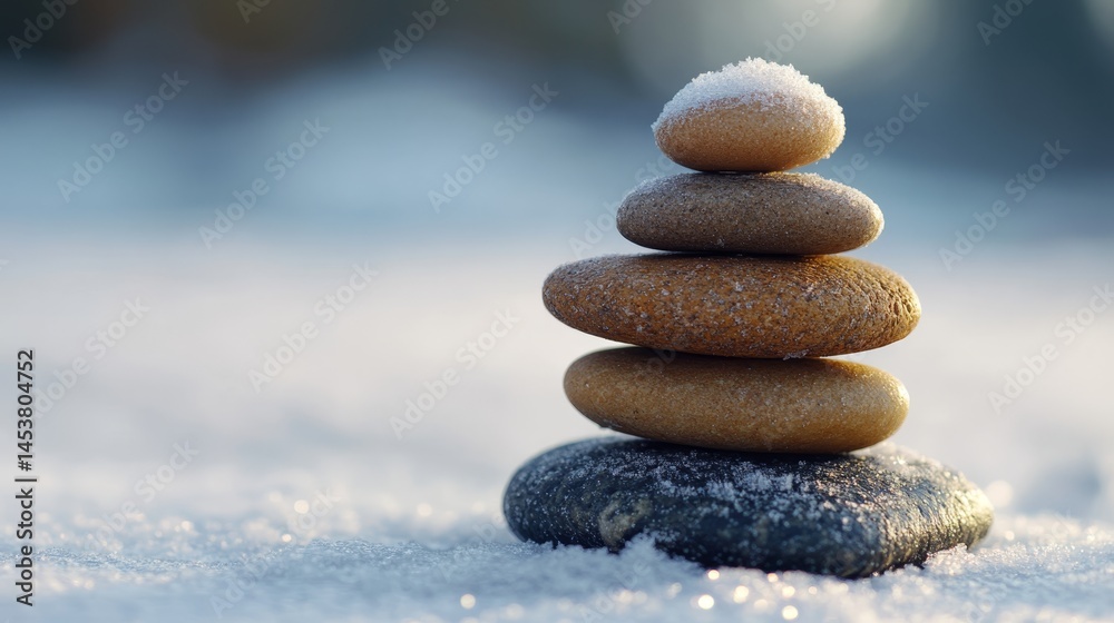 Stones stacked in a snowy environment, symbolizing resilience amidst harsh conditions.