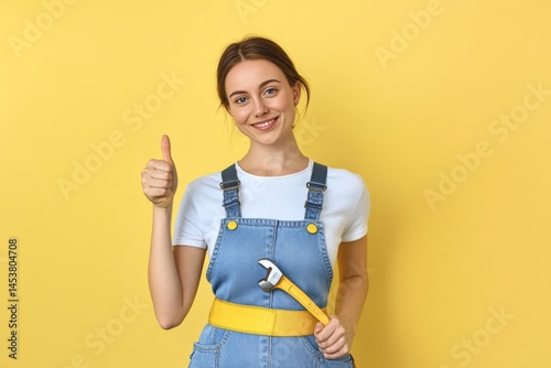 Obraz na płótnie A woman in a blue jumpsuit is holding a wrench and giving a thumbs up. Concept of approval and satisfaction, possibly indicating that the woman is proud of her work or happy with the outcome of a task w salonie