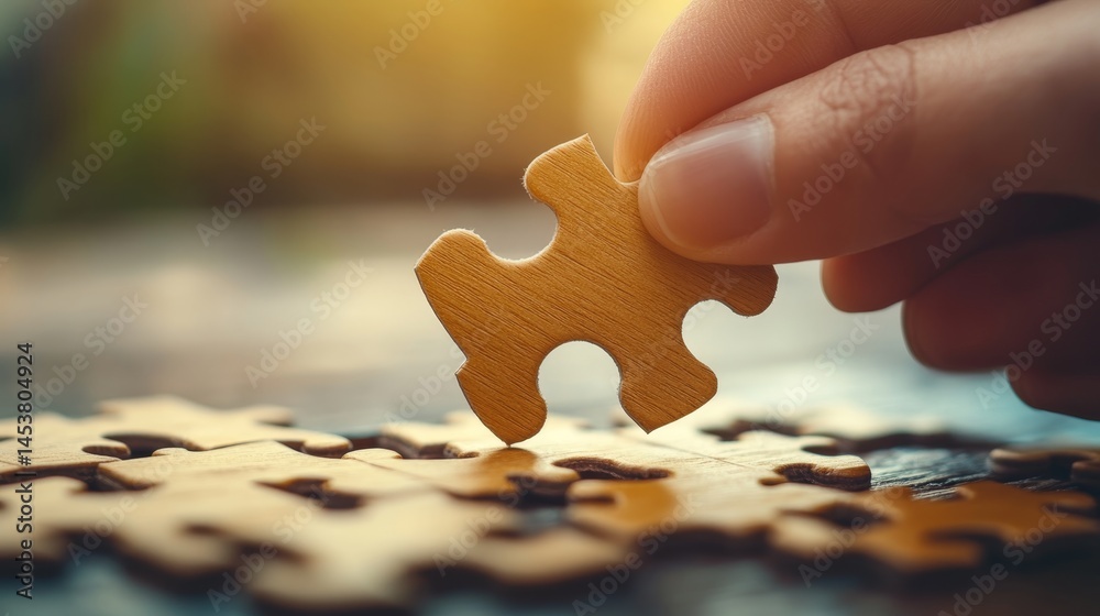 Hand placing jigsaw puzzle piece on table.