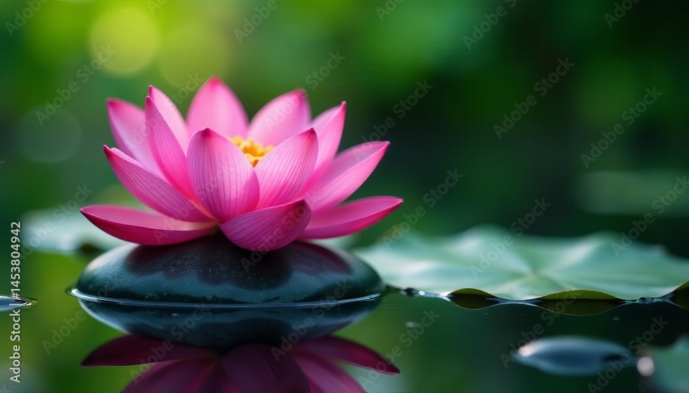 Obraz premium Pink lotus flower and smooth stone in tranquil zen spa setting, relaxation, flower