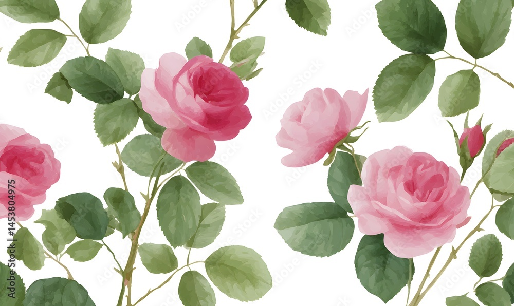 Fototapeta premium Pink roses growing from the ground, green leaves, white background, vintage wallpaper pattern, Generative AI