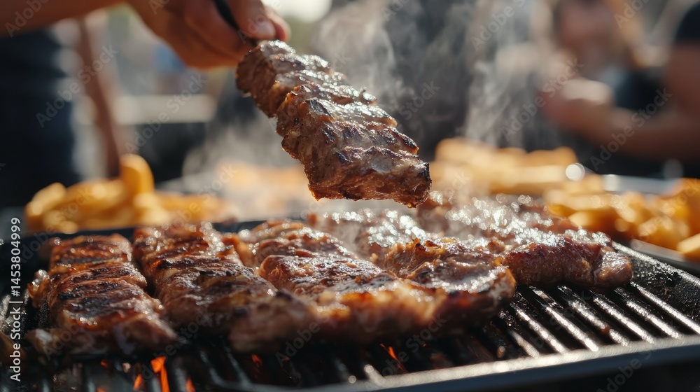 Colorful grilled meats being cooked on a barbecue, served with crispy fries and accompanied by people enjoying the event. A popular picnic food choice.