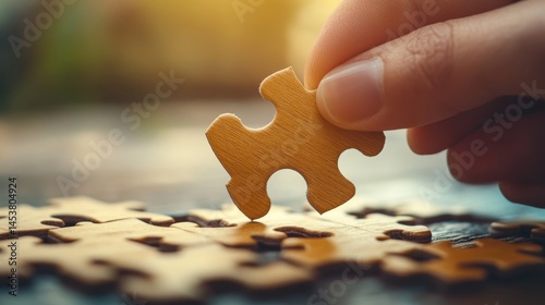 Obraz na płótnie Hand placing jigsaw puzzle piece on table. w salonie