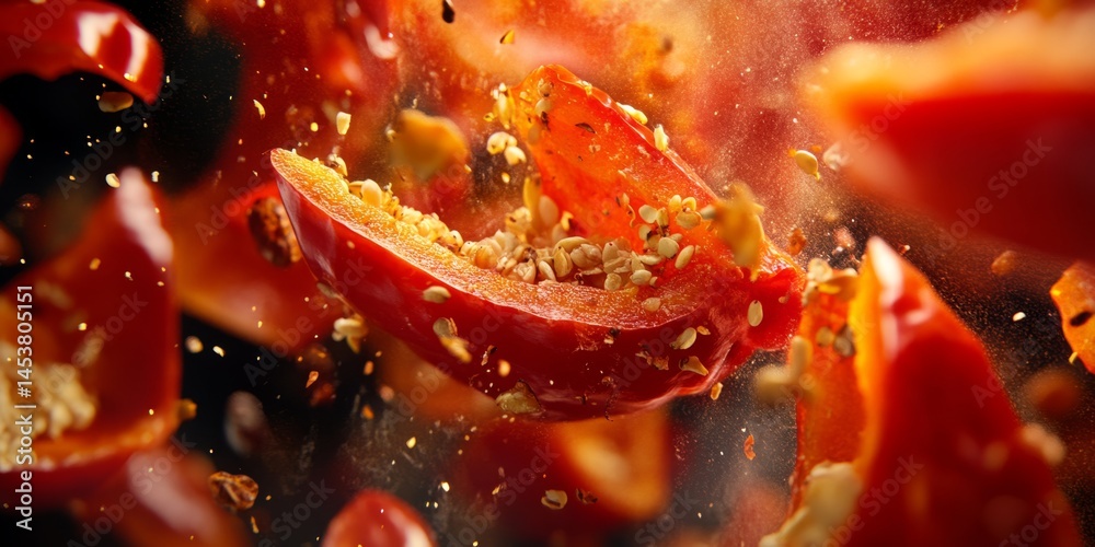 Close-up of red chili peppers and gold particles