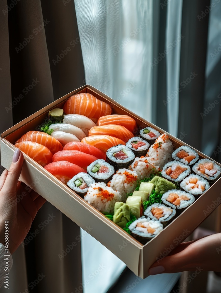 A well-prepared sushi box with assorted fish and rice in an elegant setting.