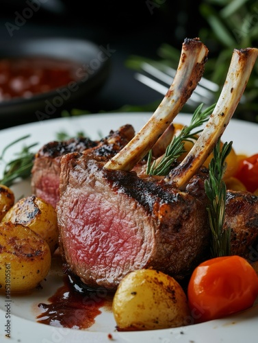 Obraz na płótnie Delicious sliced beef, cooked rare and seasoned with rosemary. w salonie