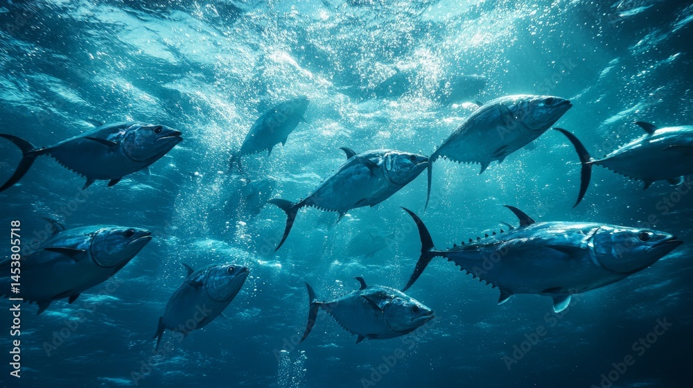 A large group of bluefin tuna swimming together underwater in a tropical ocean, showcasing their grace and strength in the marine environment.