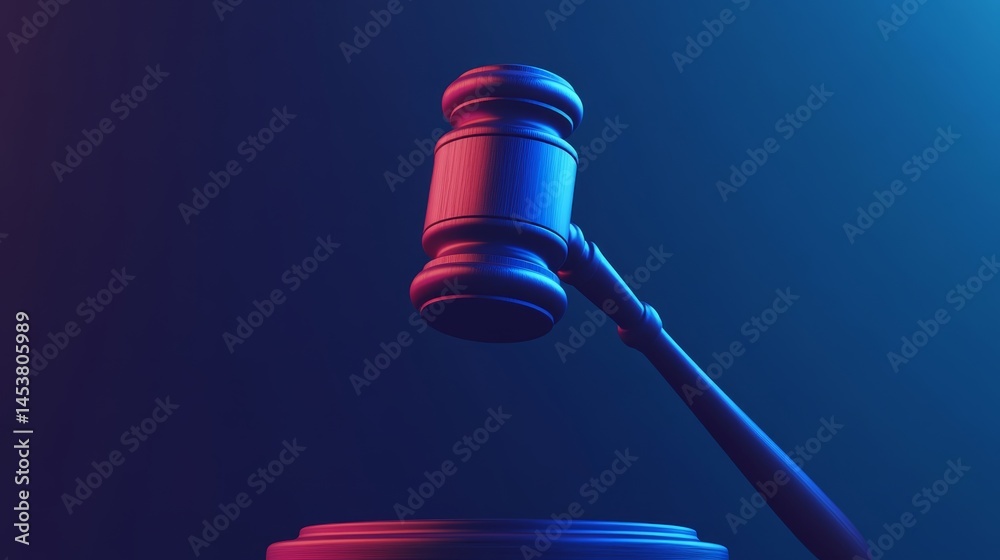 A wooden gavel with gold handle on a dark blue desk.