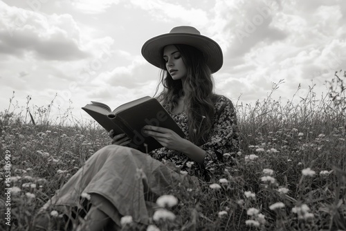 Obraz na płótnie Girl in a straw hat reading a book, surrounded by flowers. Leisurely and peaceful scene. w salonie